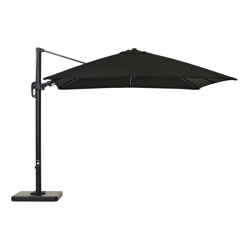 Rufina zweefparasol met tiltfunctie in zwart aluminium met zwart all weather sunbrella® premium parasoldoek - L1: 300 x L2: 300 cm (met voet)