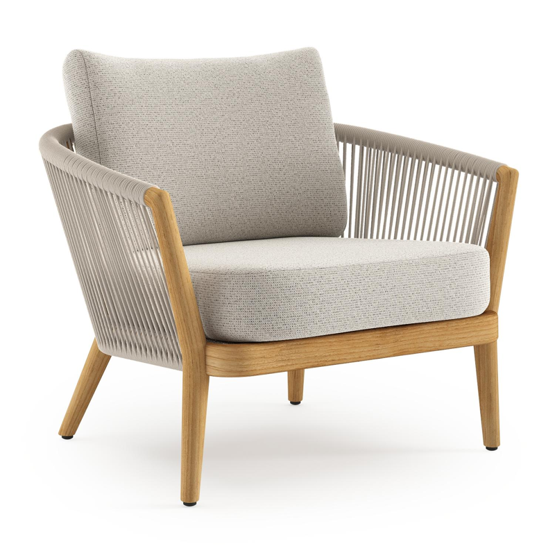 Orso loungestoel in teak en beige verticaal geweven ronde rope met Firenze Natural all weather solica kussen