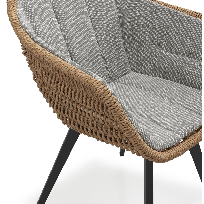 Pagino tuinstoel in zwart aluminium en bruin ronde wicker met zitkussen in All Weather Sunbrella® Luxe Savane Zinc