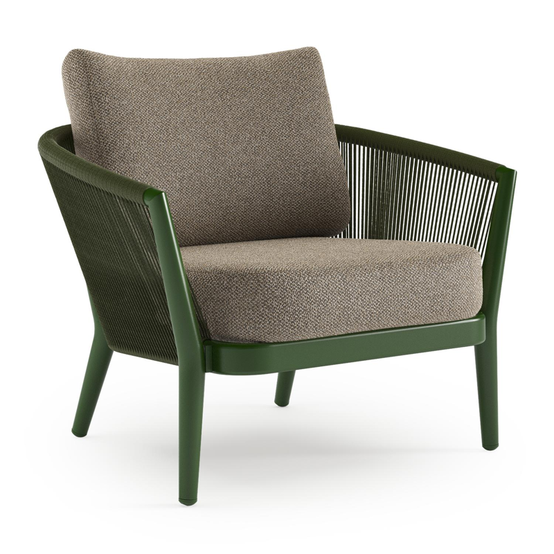 Orso loungestoel in groen aluminium en groen verticaal geweven ronde rope met Madagascar Burch all weather cosytica kussen