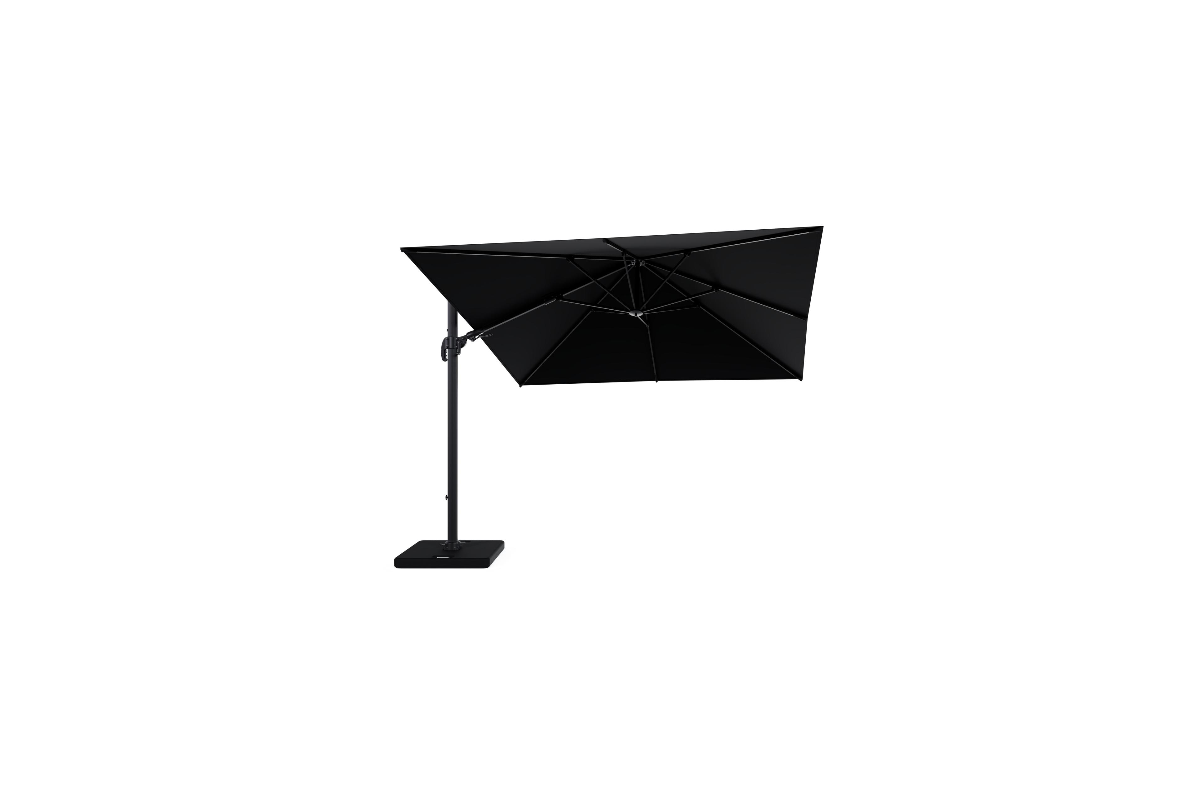 Avola zweefparasol met tiltfunctie in zwart aluminium met zwart all weather sunbrella® premium parasoldoek - L1: 300 x L2: 300 cm met parasolvoet Pedito 120 kg