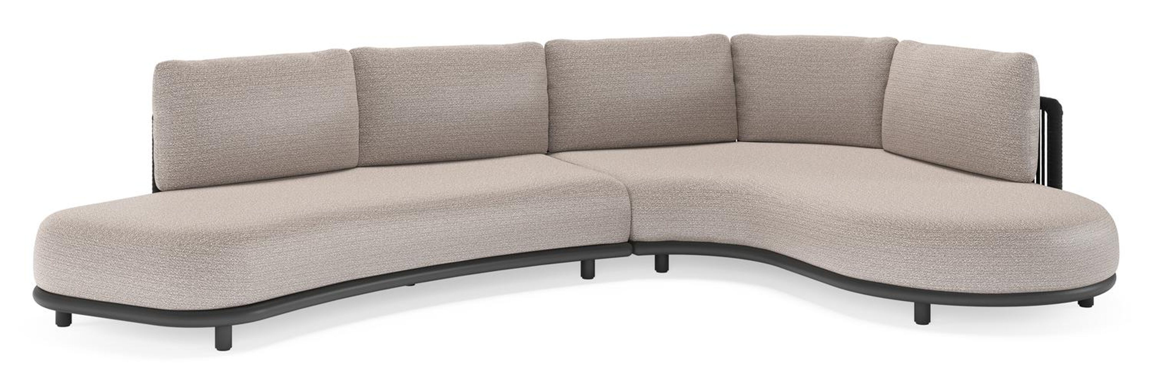 Lomano loungehoek in zwart aluminium en zwart verticaal geweven luxe vlakke rope met wander granite all weather sunbrella® luxe kussen