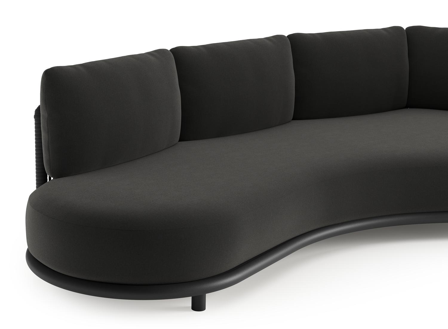 Lomano loungebank in zwart aluminium en zwart verticaal geweven luxe vlakke rope met natte sooty all weather sunbrella® luxe kussen