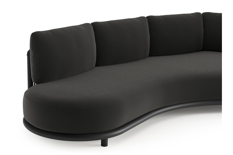 Lomano loungebank in zwart aluminium en zwart verticaal geweven luxe vlakke rope met natte sooty all weather sunbrella® luxe kussen