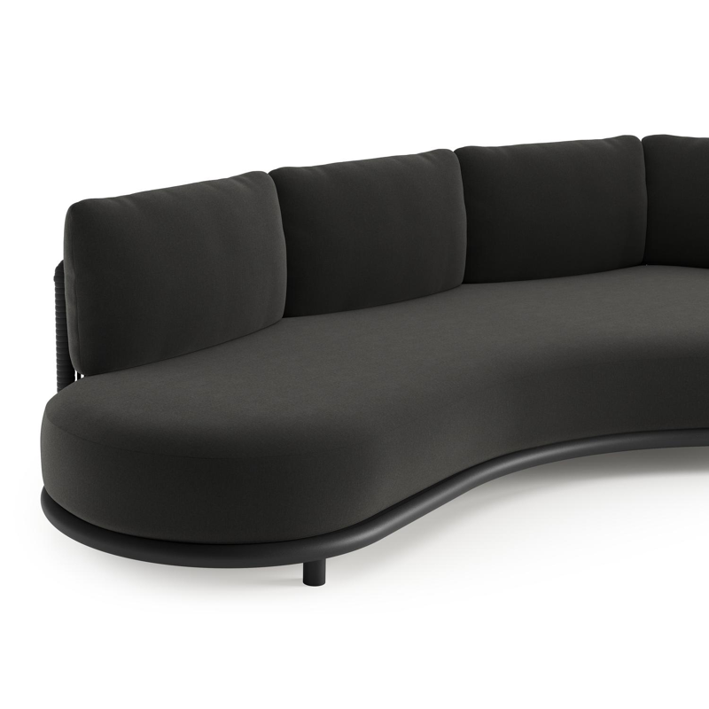 Lomano loungebank in zwart aluminium en zwart verticaal geweven luxe vlakke rope met natte sooty all weather sunbrella® luxe kussen