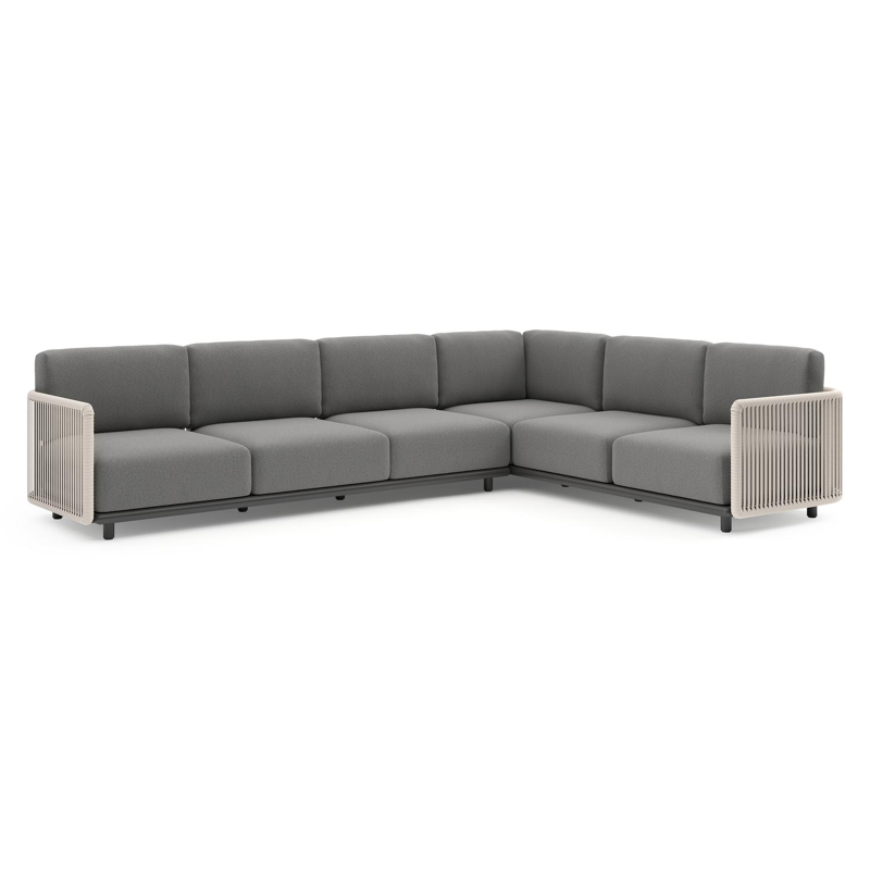 Organo loungehoek in zwart aluminium en beige verticaal geweven luxe vlakke rope met heritage slate all weather Sunbrella® luxe kussen