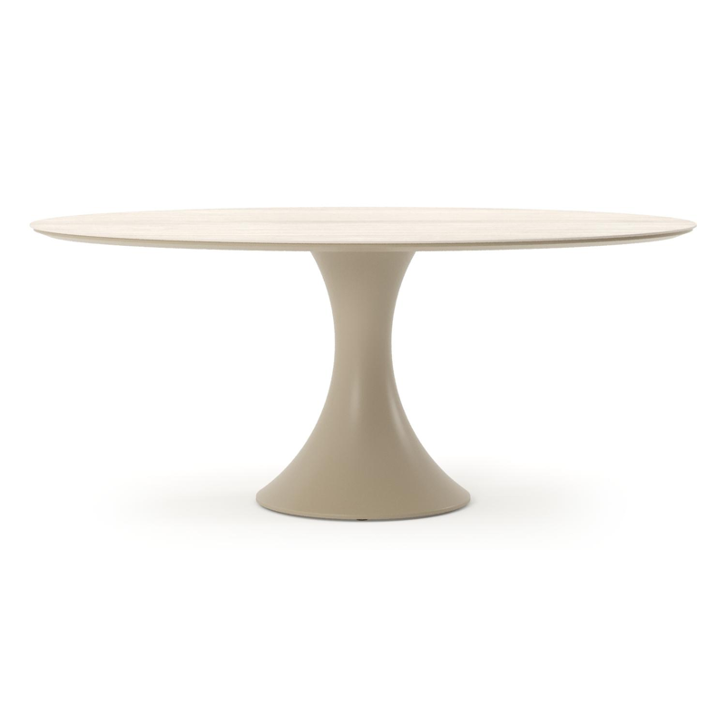 Table de jardin Fano ovale en aluminium beige et céramique pleine Travertino Bianco - Lg. 180 x Lrg. 110 x Haut. 75 cm