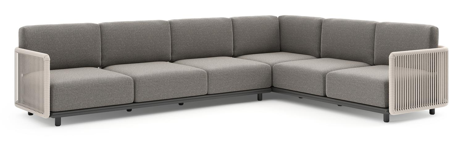 Organo loungehoek in zwart aluminium en beige verticaal geweven luxe vlakke rope met chartres drizzle all weather Sunbrella® luxe kussen