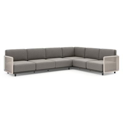 Organo loungehoek in zwart aluminium en beige verticaal geweven luxe vlakke rope met chartres drizzle all weather Sunbrella® luxe kussen