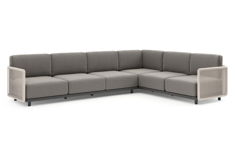 Organo loungehoek in zwart aluminium en beige verticaal geweven luxe vlakke rope met chartres drizzle all weather Sunbrella® luxe kussen