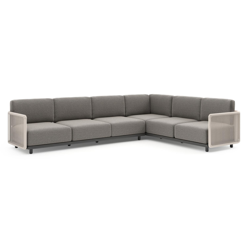 Salon de jardin d'angle Organo en aluminium noir et corde luxe plate tissée verticalement beige et coussin en all weather Sunbrella® luxe chartres drizzle