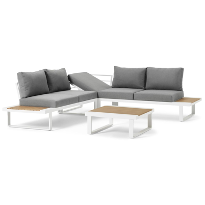 Salon de jardin d'angle Serado en aluminium blanc et polywood avec coussin en gris polyester et table basse