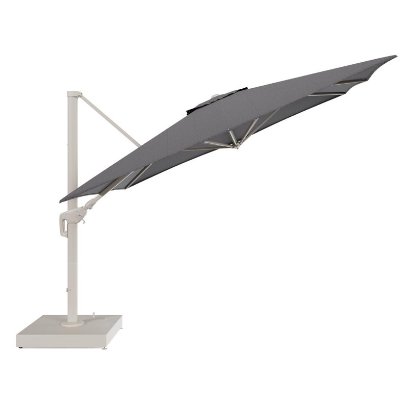 Minore zweefparasol met tiltfunctie in beige aluminium en Firenze Tunder All Weather Solica parasoldoek - L1 350 x L2 350 cm met parasolvoet Minore 260 kg met wielen