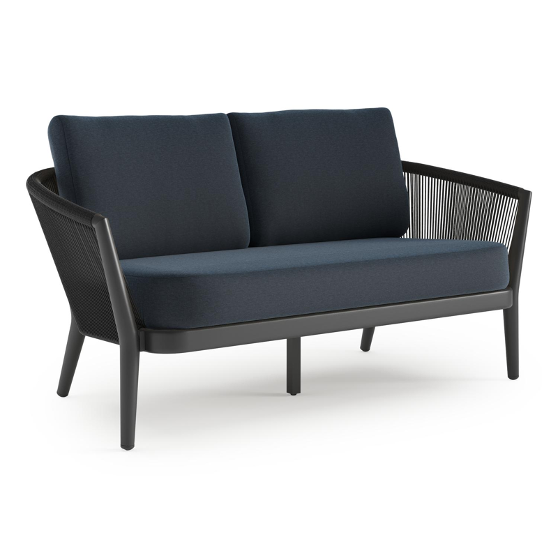 Canapé de jardin Orso en aluminium noir en corde ronde tissée verticalement noir et coussins en all weather sunbrella® luxe Heritage Indigo