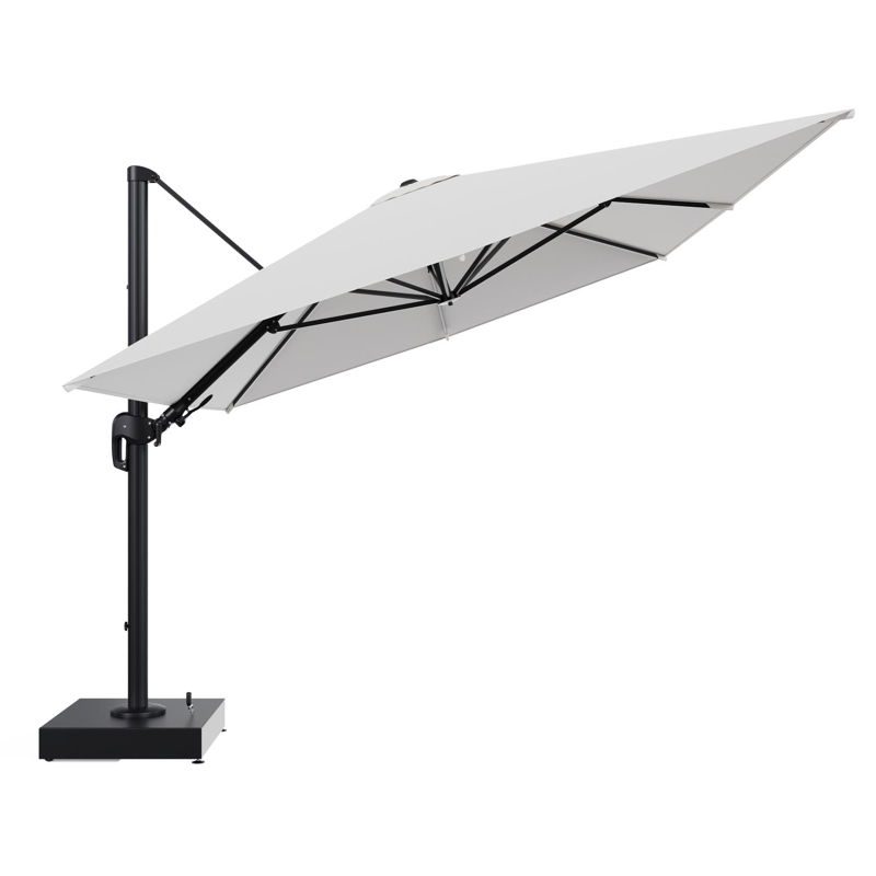 Rufina zweefparasol met tiltfunctie in zwart aluminium en Soul Optik All Weather Solica parasoldoek - L1 400 x L2 300 cm met parasolvoet Minore 150 kg met wielen