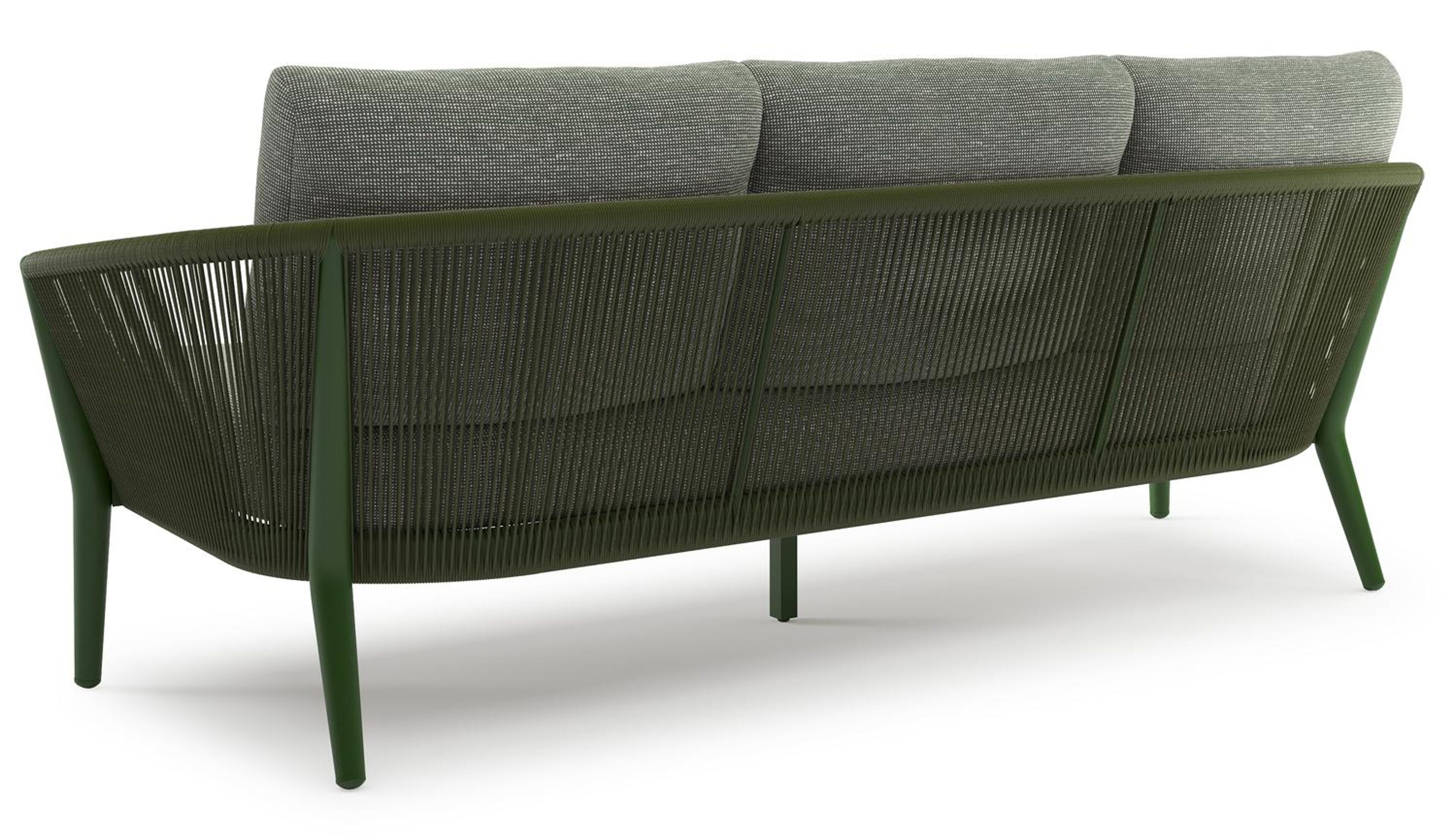 Canapé de jardin Orso en aluminium vert en corde ronde tissée verticalement vert et coussins en all weather sunbrella® luxe Slow Fern