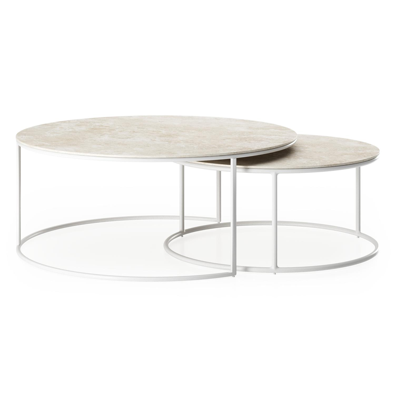 Ensemble de 2 tables basses Fano ronde en aluminium blanc et céramique pleine Rapolano - Diam. 85/65 x Haut. 35/30 cm