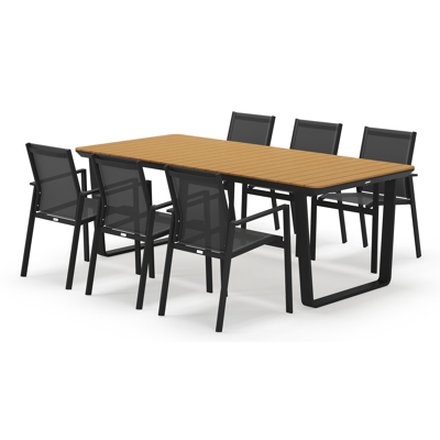 Alora tuinset in zwart aluminium en polywood tafelblad met 6 stapelbare Bahia tuinstoelen