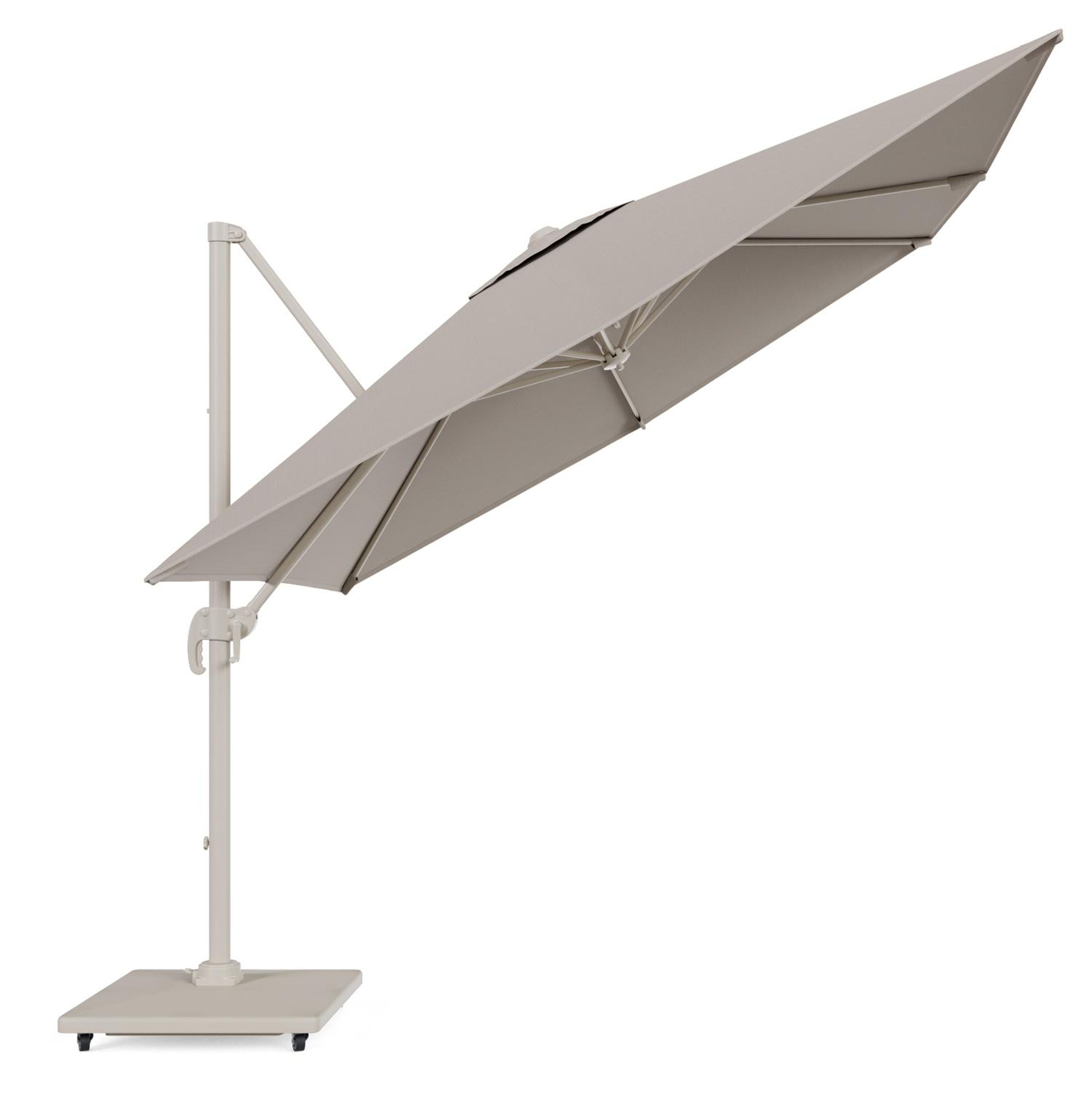 Calpe zweefparasol in beige aluminium en beige Weather+ Softtouch parasoldoek - L1 270 x L2 270 cm met Calpe parasolvoet 70 kg met wielen