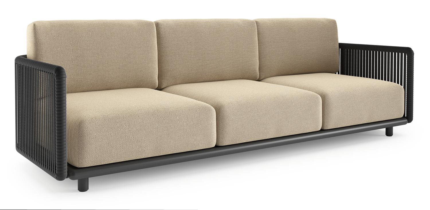 Organo loungebank in zwart aluminium en zwart verticaal geweven luxe vlakke rope met althea camel all weather Cosytica kussen