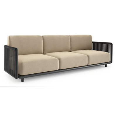 Organo loungebank in zwart aluminium en zwart verticaal geweven luxe vlakke rope met althea camel all weather Cosytica kussen