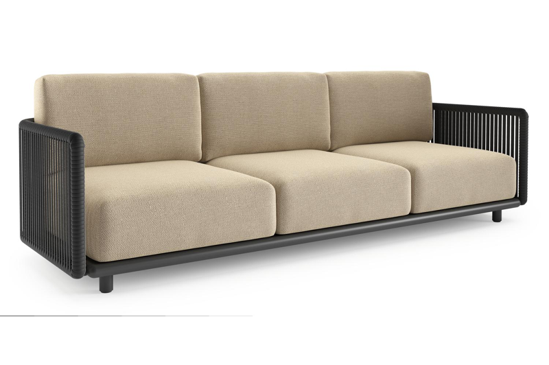 Organo loungebank in zwart aluminium en zwart verticaal geweven luxe vlakke rope met althea camel all weather Cosytica kussen