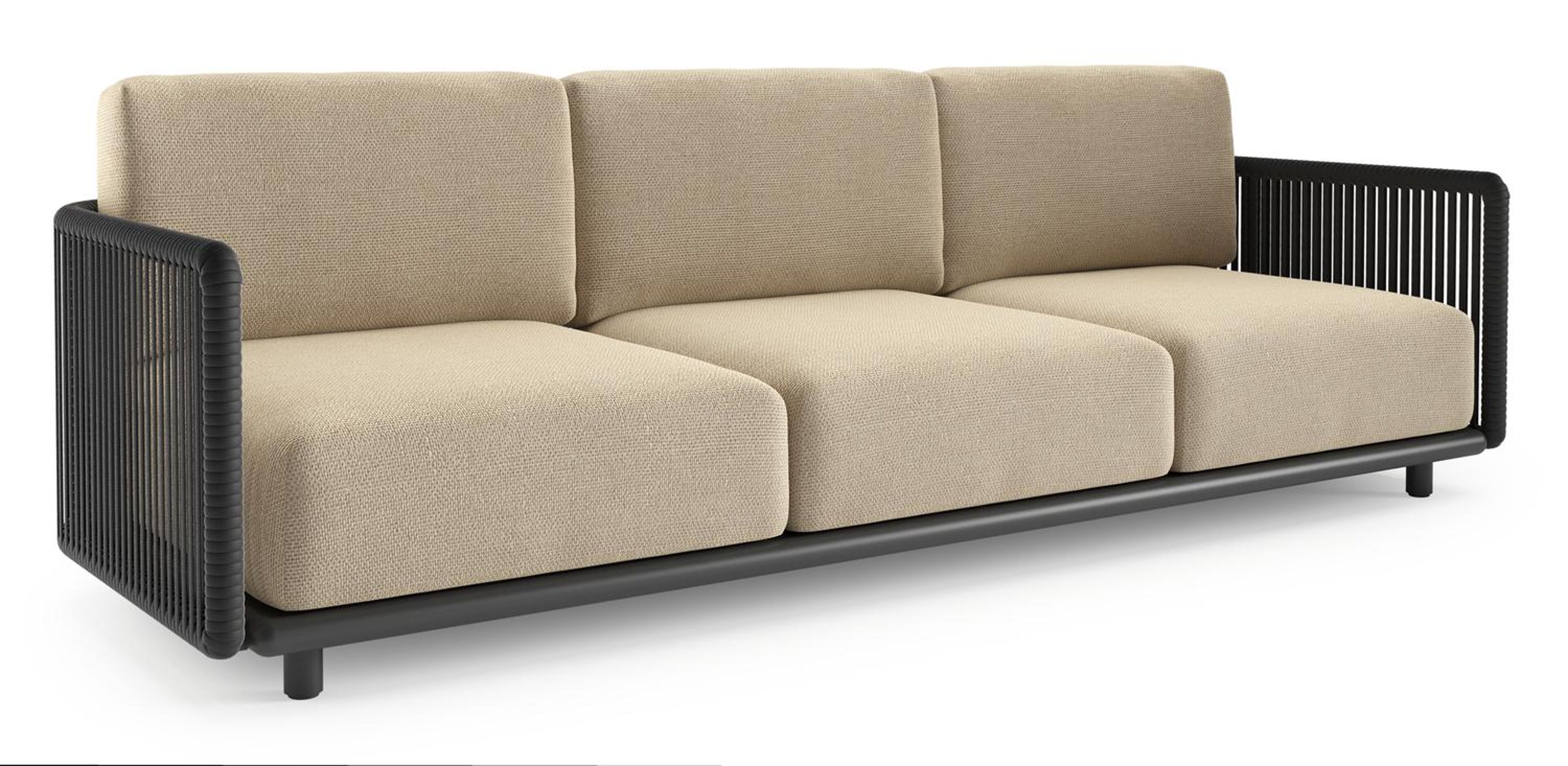 Organo loungebank in zwart aluminium en zwart verticaal geweven luxe vlakke rope met althea camel all weather Cosytica kussen