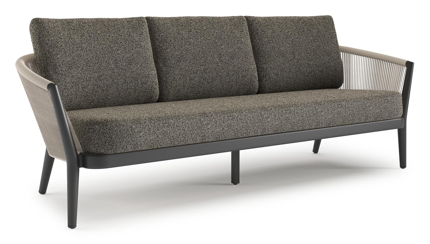 Canapé de jardin Orso en aluminium noir en corde ronde tissée verticalement beige et coussins en all weather cosytica Marbella Tunder