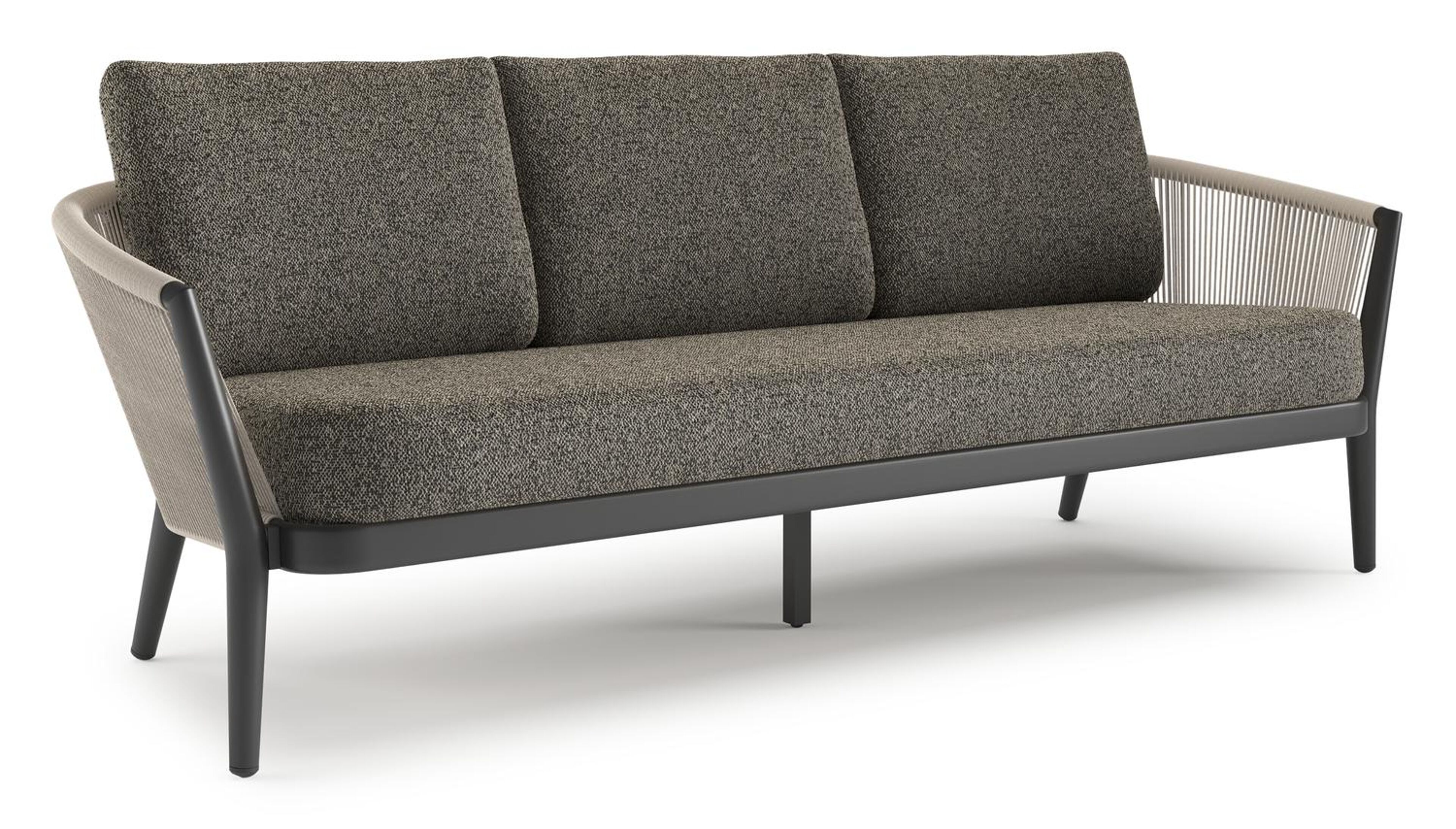 Orso loungebank in zwart aluminium en beige verticaal geweven ronde rope met Marbella Tunder all weather cosytica kussen