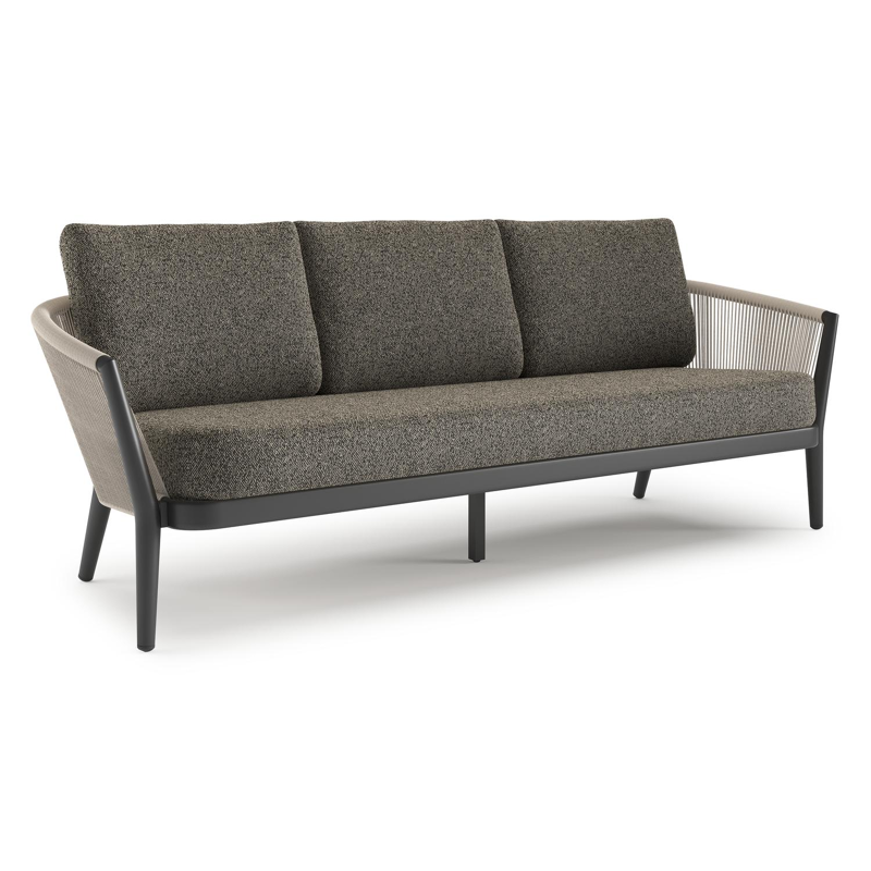 Orso loungebank in zwart aluminium en beige verticaal geweven ronde rope met Marbella Tunder all weather cosytica kussen