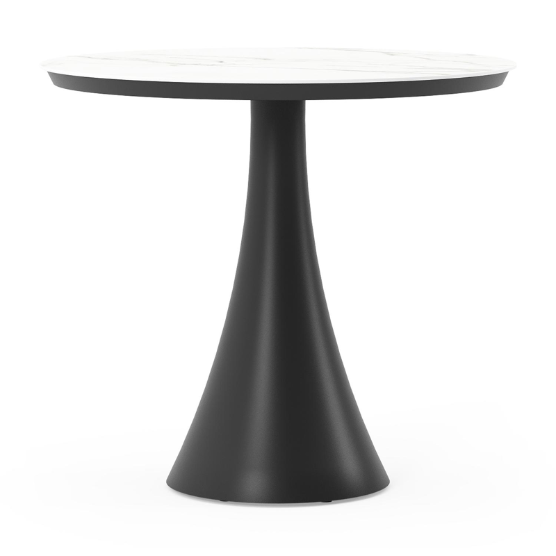 Table de jardin Fano ronde en aluminium noir et céramique pleine Calacatta - Diam. 85 x Haut. 75 cm