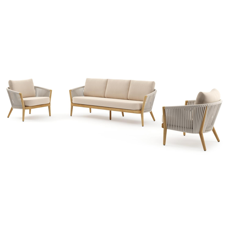 Orso loungeset in teak en beige verticaal geweven luxe vlakke rope met heritage papyrus all weather sunbrella® luxe kussens