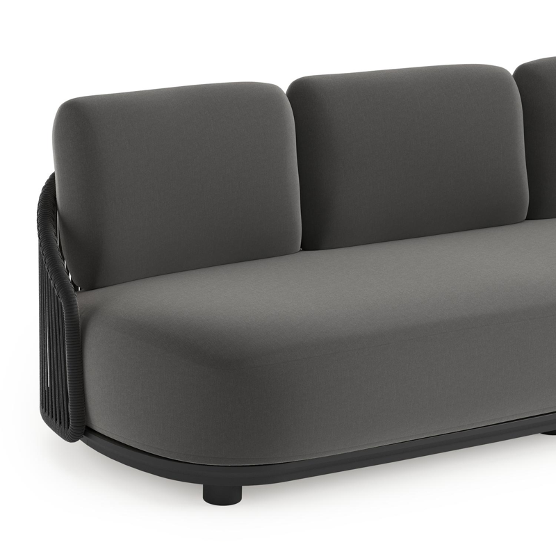 Canapé de jardin Vadelo en aluminium noir et corde ronde tissée verticalement noir et coussins en all weather sunbrella® luxe natte charcoal chine