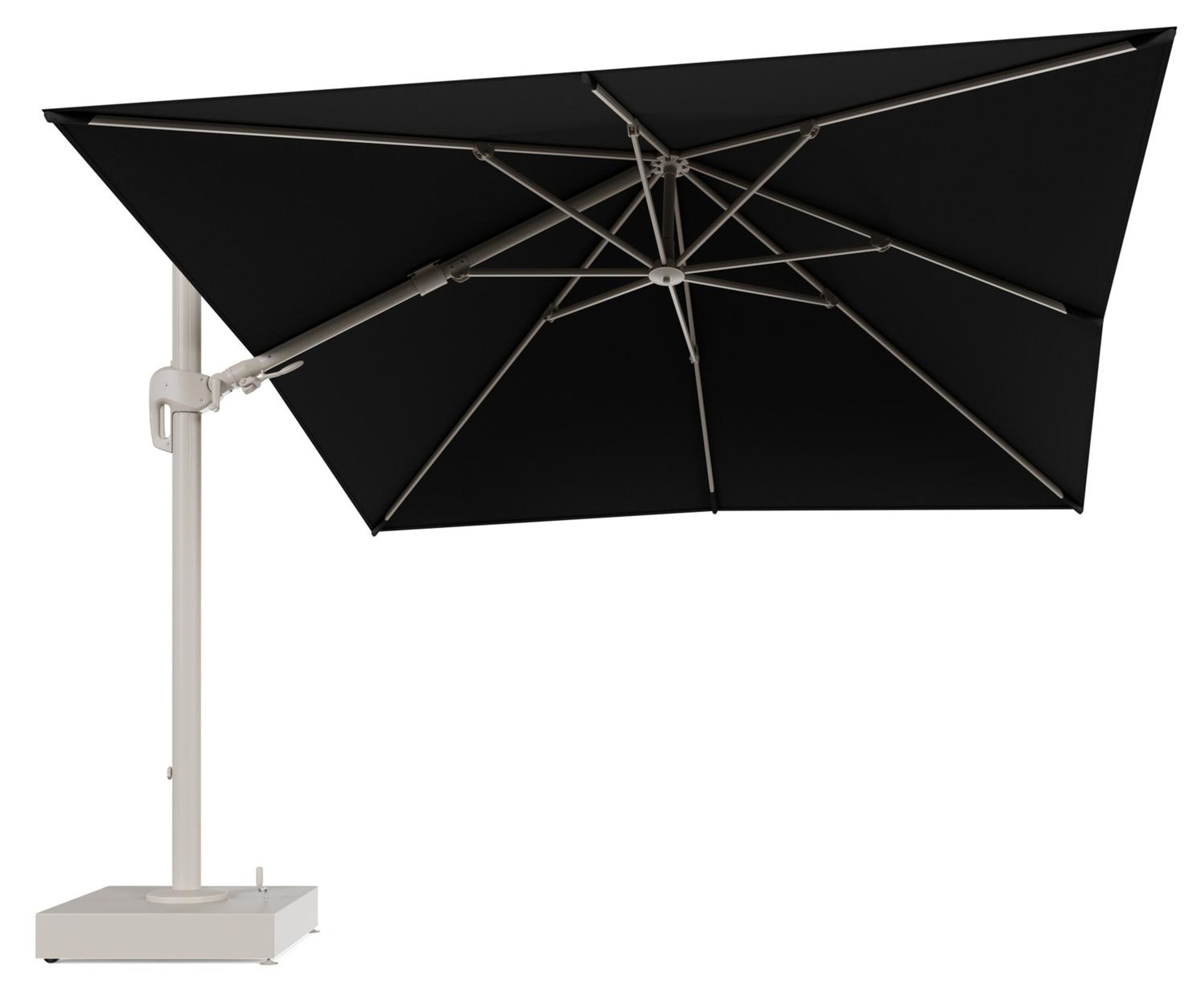 Rufina zweefparasol met tiltfunctie in beige aluminium en Natte Sooty All Weather Sunbrella® Luxe parasoldoek - L1 300 x L2 300 cm met parasolvoet Minore 150 kg met wielen