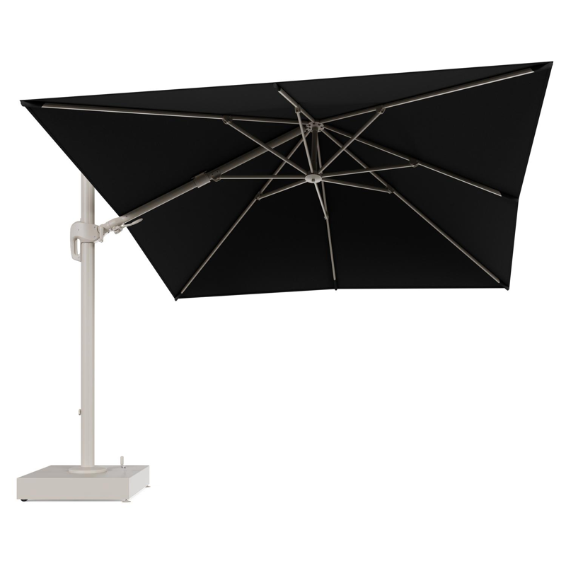 Rufina zweefparasol met tiltfunctie in beige aluminium en Natte Sooty All Weather Sunbrella® Luxe parasoldoek - L1 300 x L2 300 cm met parasolvoet Minore 150 kg met wielen