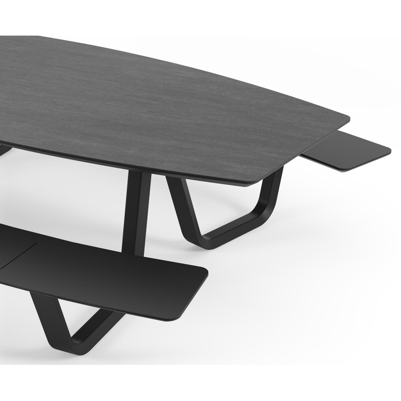 Forno picknicktafel bootvorm in zwart aluminium en volkeramiek basalt black tafelblad - L 280 x B 192 x 72 cm