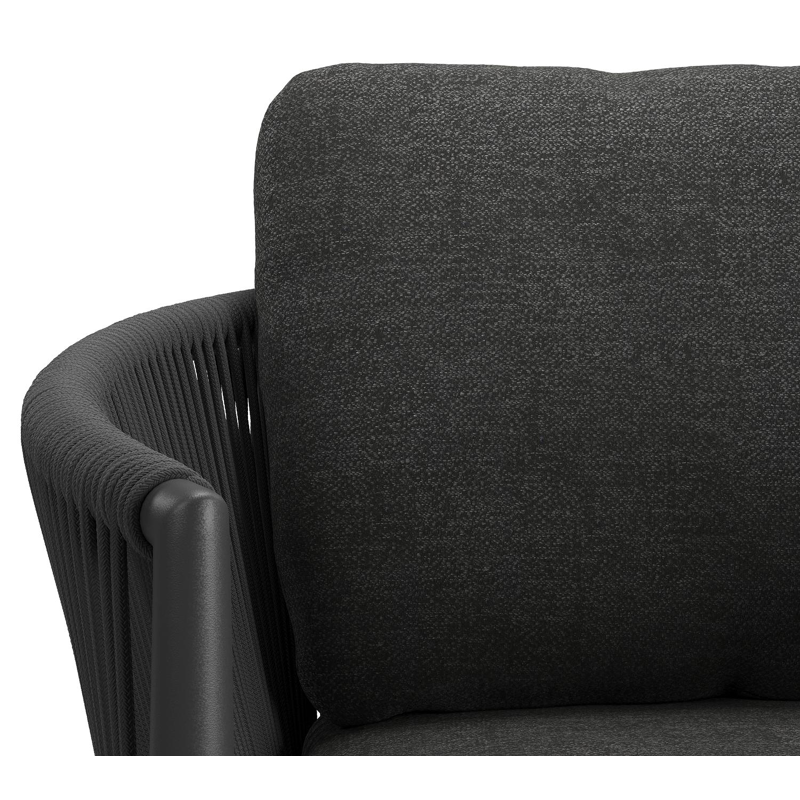 Organo tuinstoel in beige aluminium en beige verticaal geweven ronde rope met stoelkussen in All Weather Sunbrella® Luxe Chartres Sooty