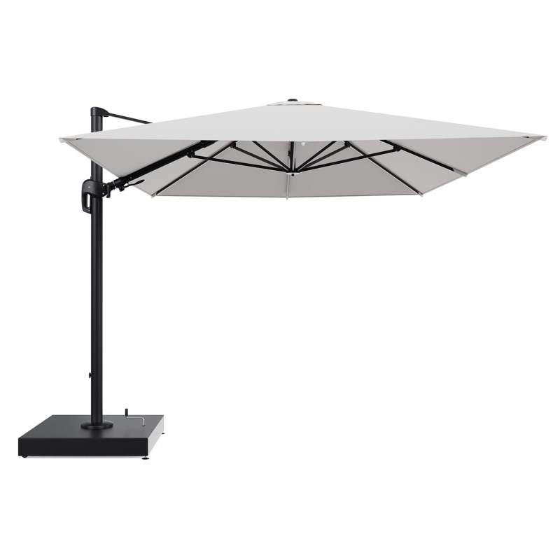 Rufina zweefparasol met tiltfunctie in zwart aluminium en Ego Eggshell All Weather Solica parasoldoek - L1 400 x L2 300 cm met parasolvoet Minore 260 kg met wielen