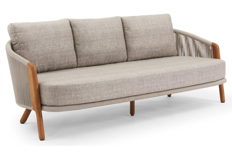 Gardo loungebank 3-zit in teak en beige verticaal geweven ronde rope met chartres pewter all weather sunbrella® luxe kussen