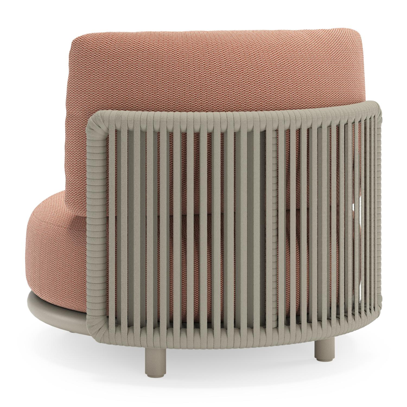 Fauteuil de jardin Lomano en aluminium beige et corde luxe plate tissée verticalement beige et coussins en all weather sunbrella® luxe Lopi Fawn