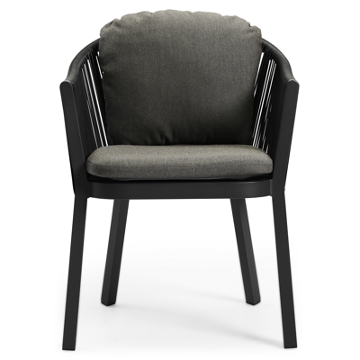 Nano tuinstoel in zwart aluminium en zwart verticaal geweven rope met kussen in natte dark taupe all weather sunbrella® luxe