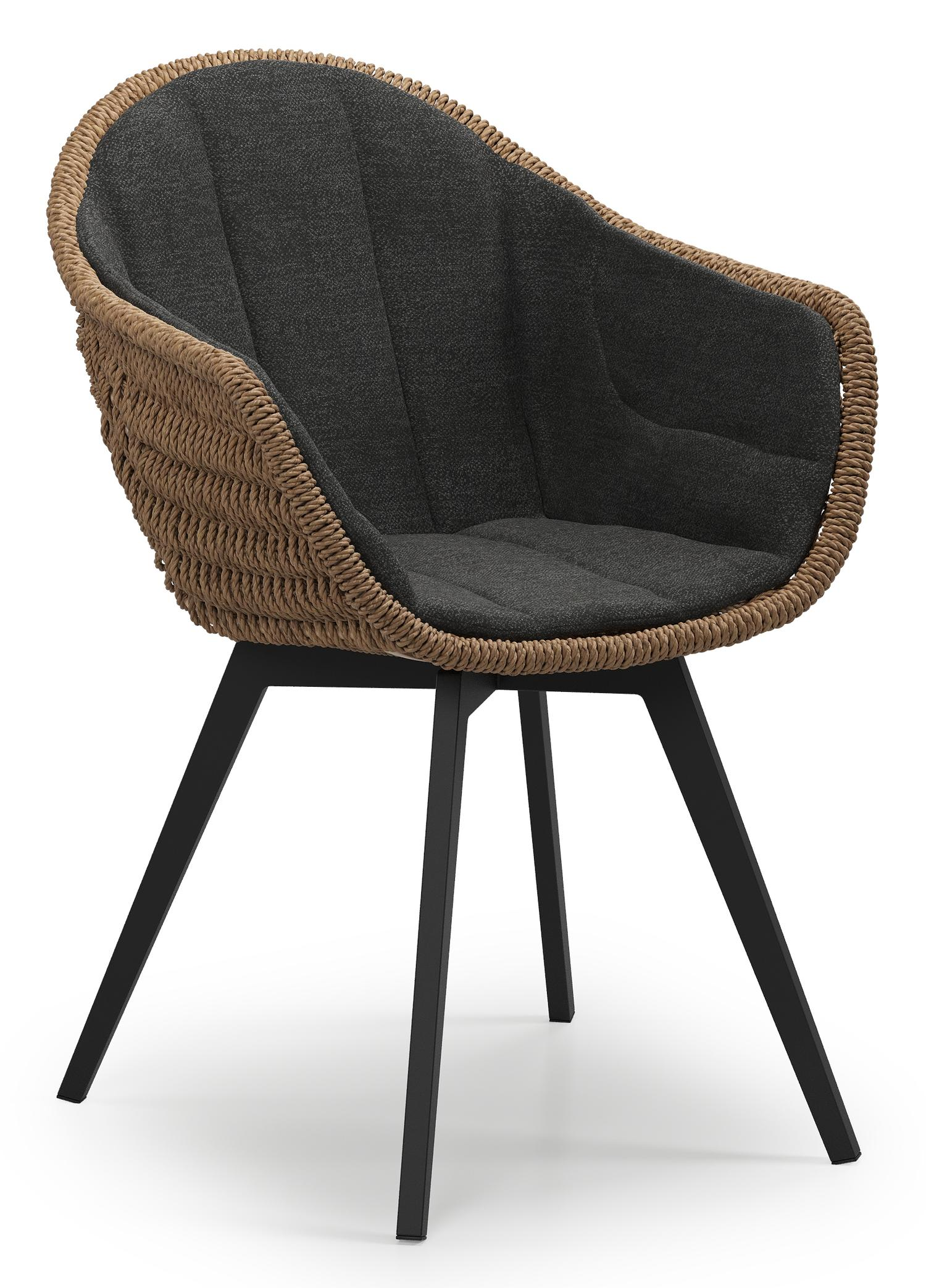 Chaise de jardin Pagino en aluminium noir et résine tressée ronde brun avec coussin en chartres sooty all weather sunbrella® luxe