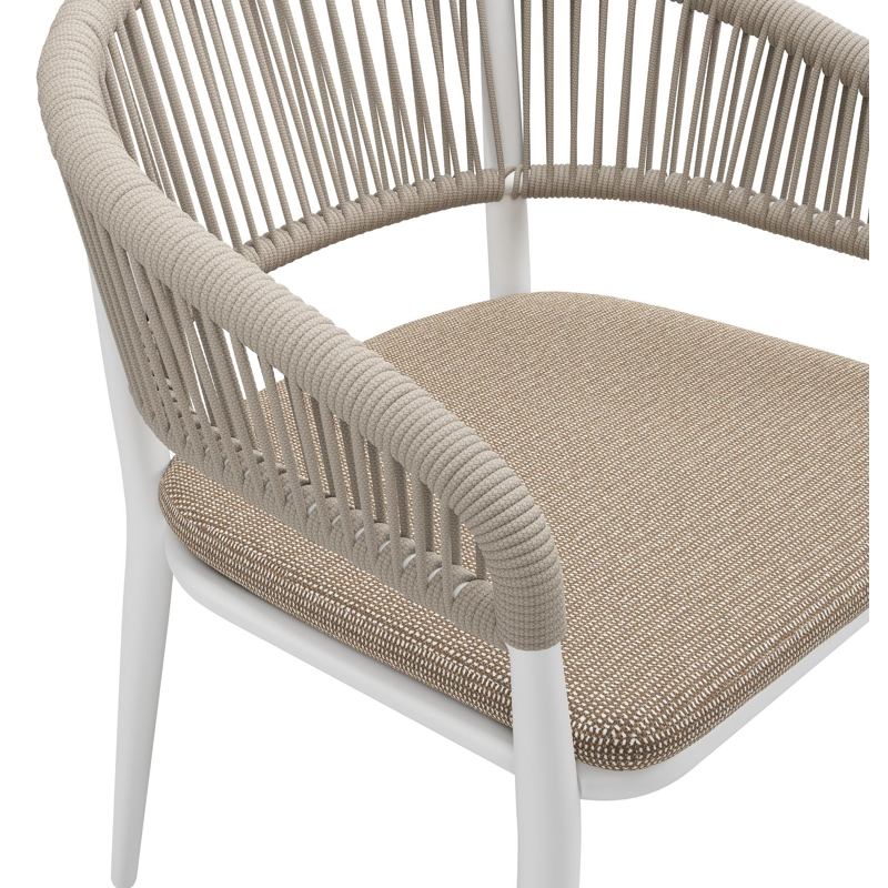 Tolfa stapelbare tuinstoel in wit aluminium en beige verticaal geweven ronde rope met stoelkussen in All Weather Solica Firenze Earth