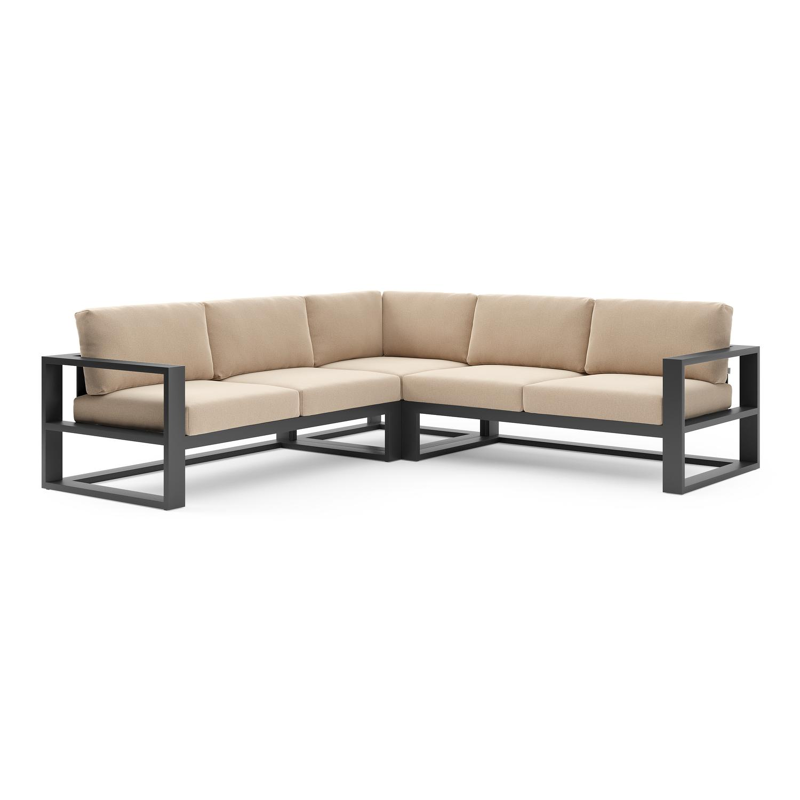 Salon de jardin d'angle Verato en aluminium noir et coussins en all weather sunbrella® luxe natte heather beige