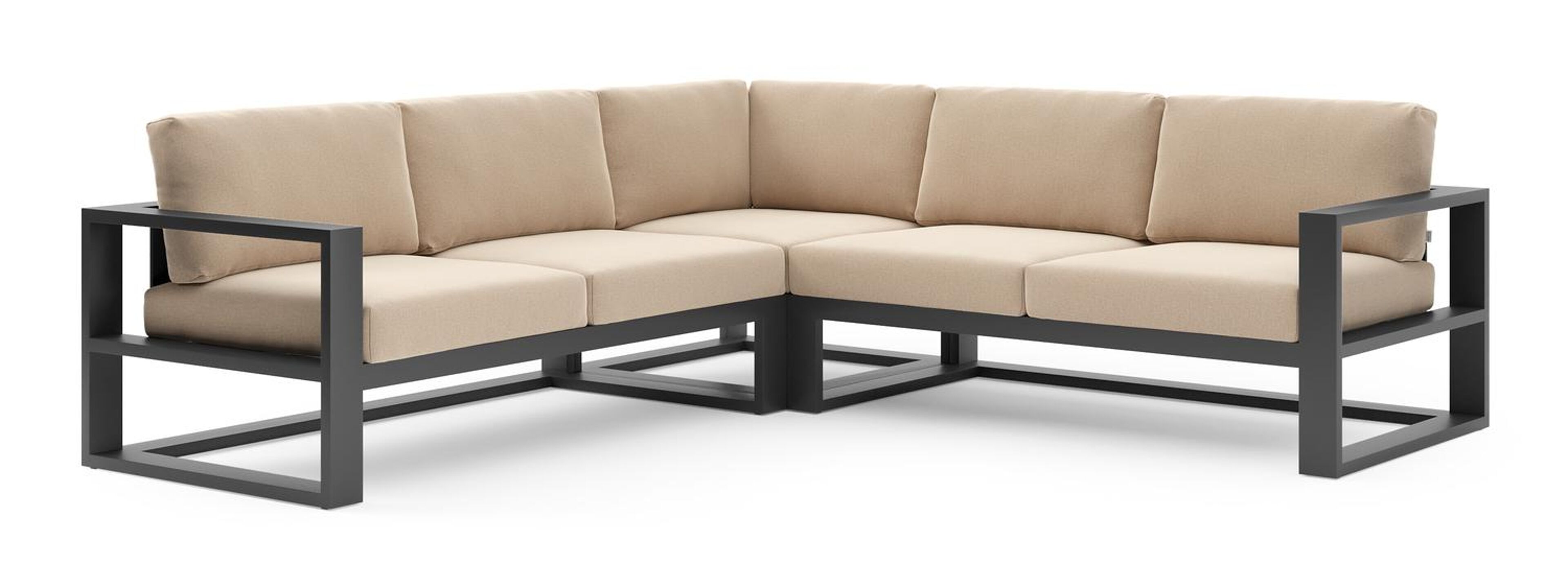 Salon de jardin d'angle Verato en aluminium noir et coussins en all weather sunbrella® luxe natte heather beige