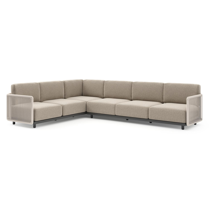 Organo loungehoek in zwart aluminium en beige verticaal geweven luxe vlakke rope met chartres pewter all weather Sunbrella® luxe kussen