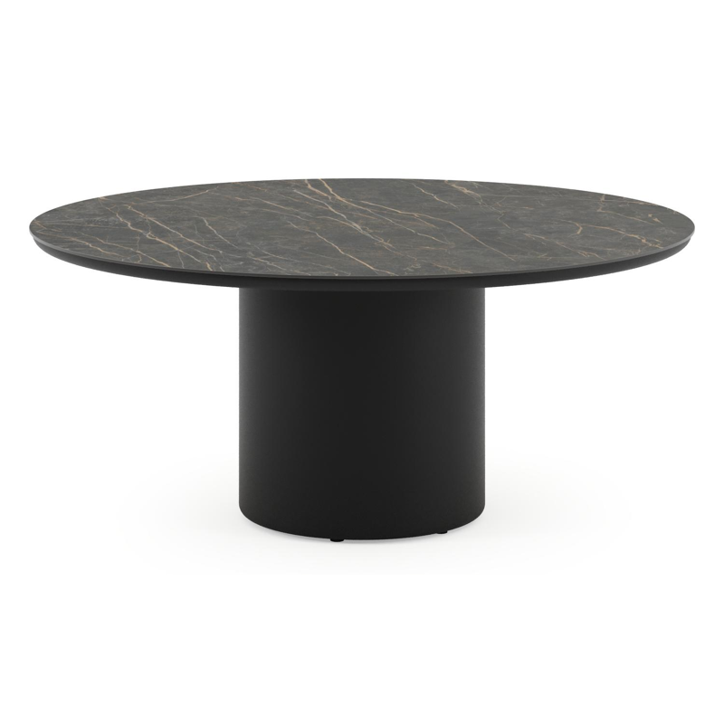Amico low dining tuintafel rond in zwart aluminium en volkeramiek Black Obsession - Dia. 148 x H 61 cm