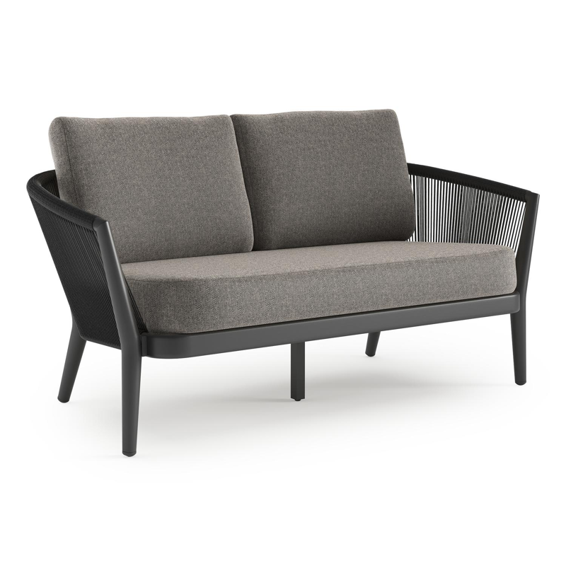 Canapé de jardin Orso en aluminium noir en corde ronde tissée verticalement noir et coussins en all weather sunbrella® luxe Chartres Drizzle