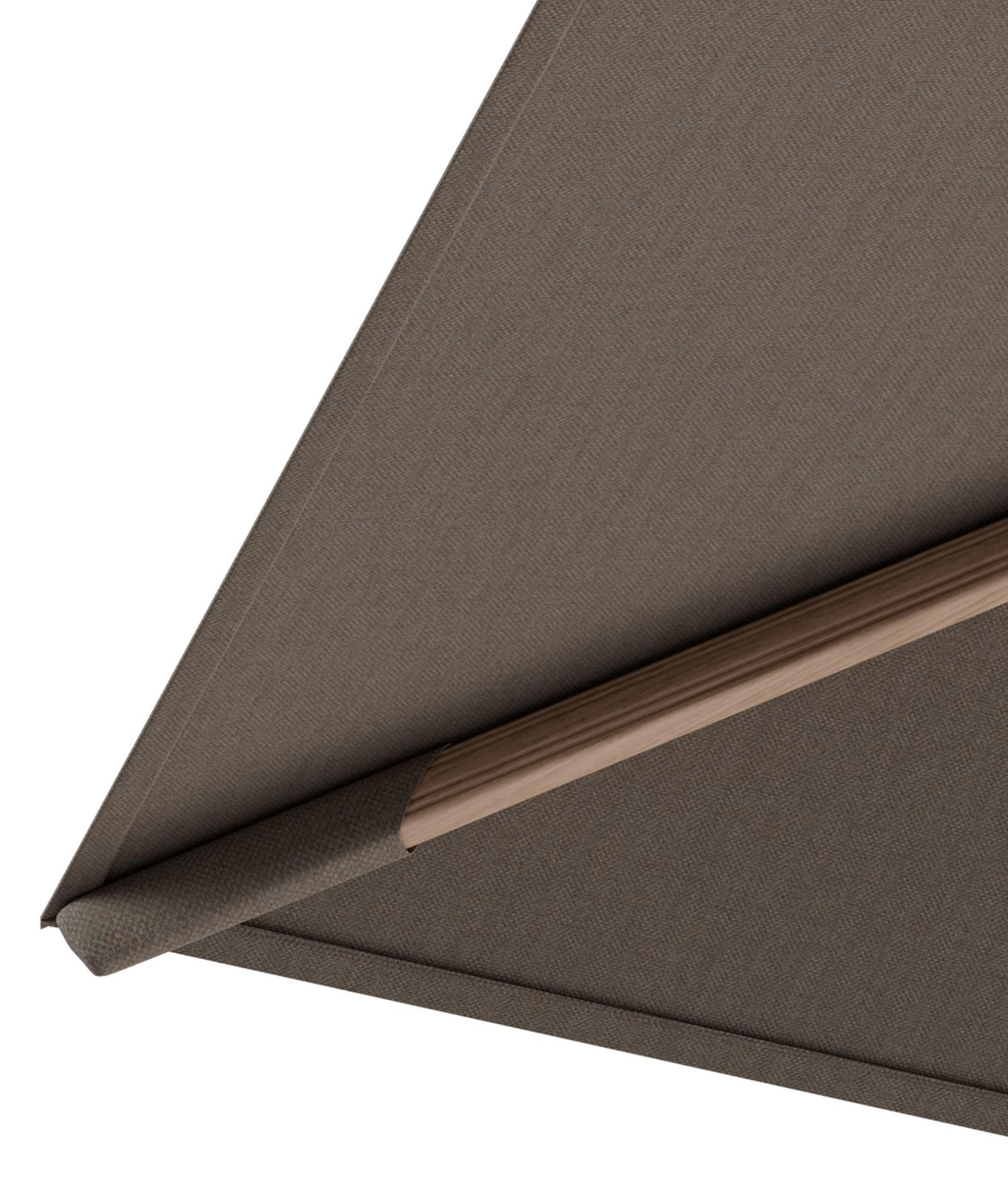 Rufina zweefparasol met tiltfunctie in houtlook aluminium en Natte Heather Grey All Weather Sunbrella® Luxe parasoldoek - L1 400 x L2 300 cm met parasolvoet Minore 150 kg met wielen