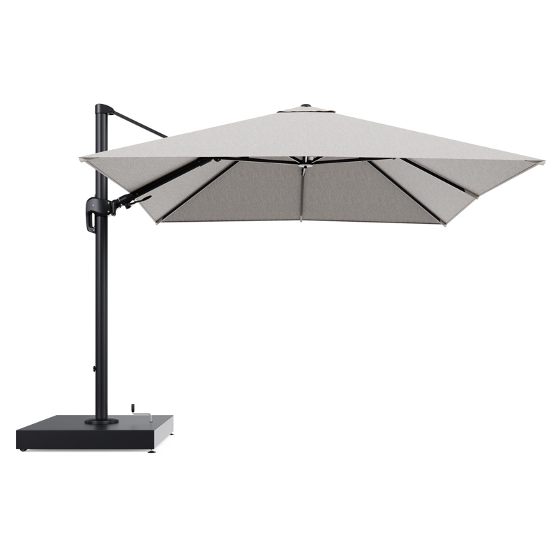 Rufina zweefparasol met tiltfunctie in zwart aluminium en Tundra Sand All Weather Sunbrella® Luxe parasoldoek - L1 300 x L2 300 cm met parasolvoet Minore 260 kg met wielen